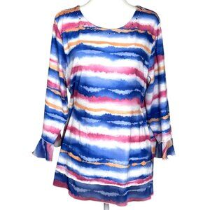 Alfred Dunner Womens Top Size M Blue Pink Striped Watercolor Print Rhinestones
